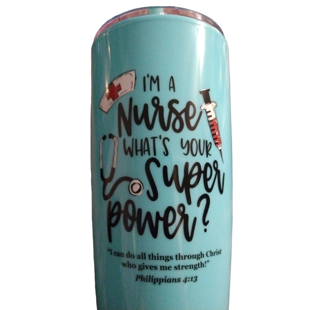 Novelty Nurse Scripture Tumbler Turquoise with Straw & Lid Occupation Gifts - Picture 2 of 6